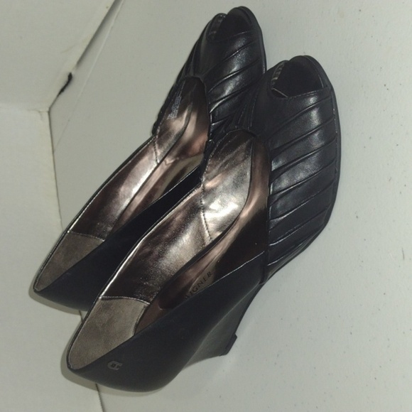 Etienne Aigner Black Peep Toe Wedge Leather Heels Shoes size 7m - Picture 1 of 10